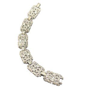 KTF Trifari Signed Art Deco Bracelet Rhodium Plated Link Rhinestones Vintage